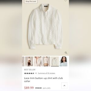 J.Crew White Lace-Trim Button-Up Shirt with Club Collar , Size 2